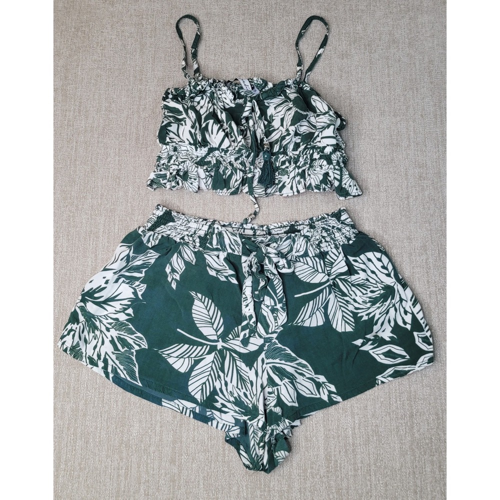 Paradise USA Shorts Set Womens S Green White Tropical Leaf Crop Top Ruffle - Picture 10 of 10